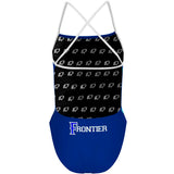 Frontier blue blue swipe. frontier text back - "X" Back Swimsuit
