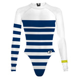 Becca cheeky surf suit blue with white. thick stripe - Surf Swimming Suit Cheeky Cut