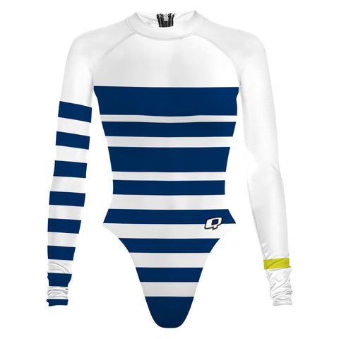Becca cheeky surf suit blue with white. thick stripe - Surf Swimming Suit Cheeky Cut