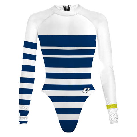 Becca cheeky surf suit blue with white. thick stripe - Surf Swimming Suit Cheeky Cut